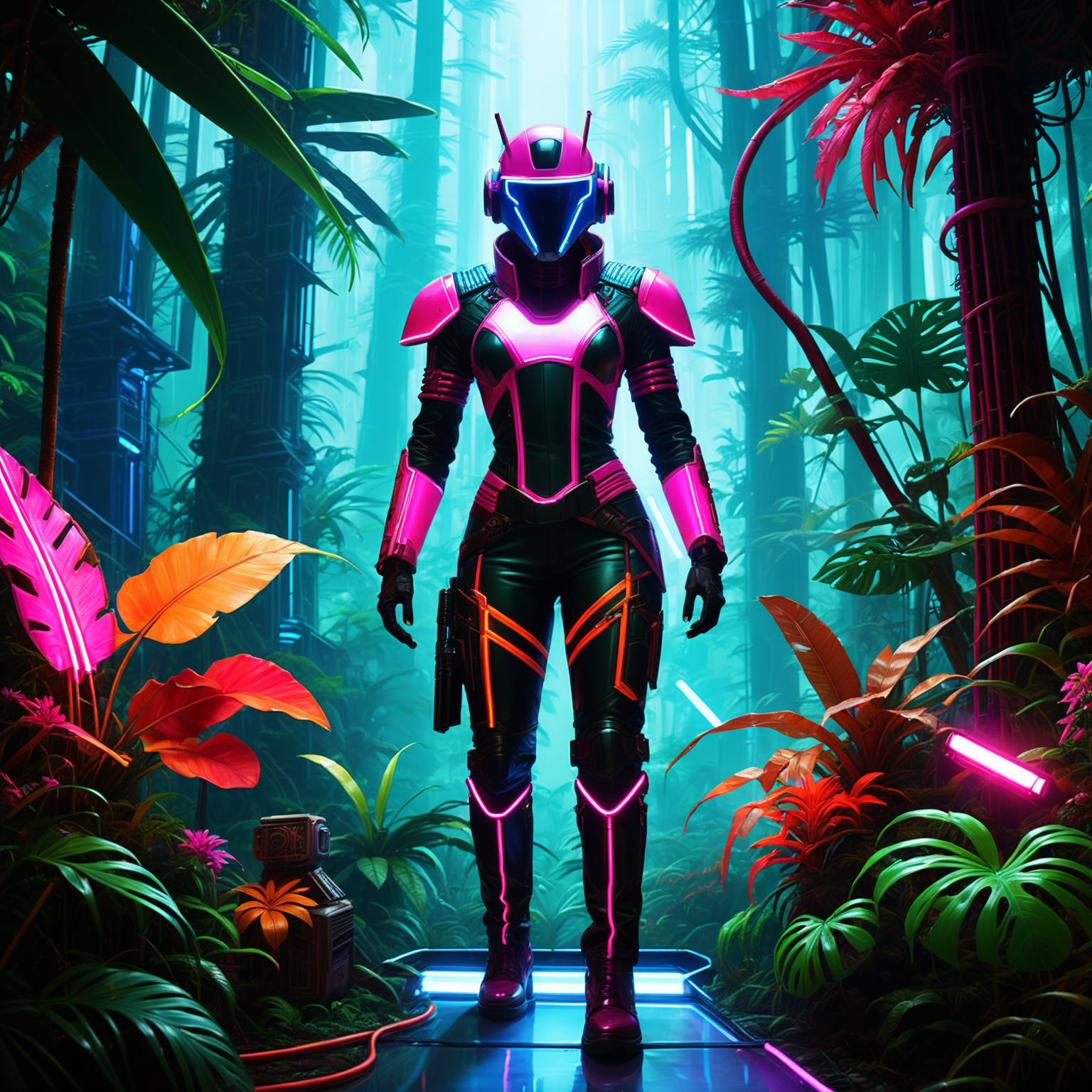 Neon Jungle Android exploring a dense forest illuminated by neon lights. The scene should have a cyberpunk aesthetic with ...